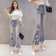 Новые девушки вышивка бисером растяжения кисточкой расклешенные джинсы скинни Для женщин растяжения Клеш Джинсы для Для женщин Штаны