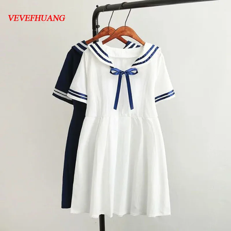 

VEVEFHUANG Summer New Women Japanese Sen Female Line Navy Wind Bow College Wind Sweet Short-sleeved Dress For Girl Vestidos
