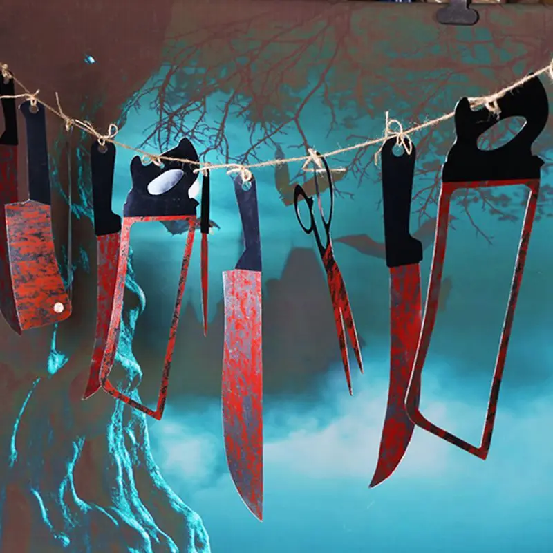

12pcs/lot Halloween Plastic Blood Knife Tools Sets Horror Spooky Haunted House Hanging Knife Garland Banner Halloween Decoration