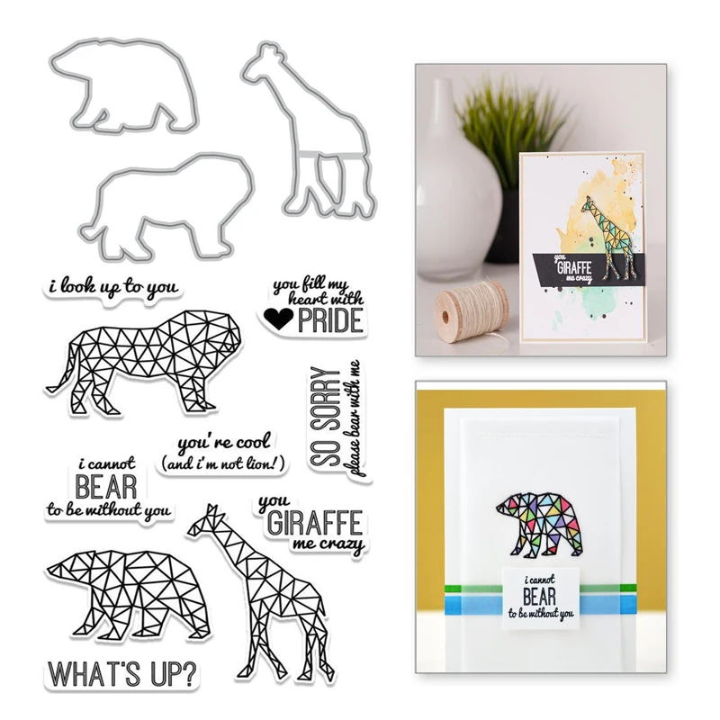 

Naifumodo Giraffe Bear Lion Clear Stamps and Metal Cutting Dies Animal Scrapbooking Decorative Embossing DIY Crafts Stencils New