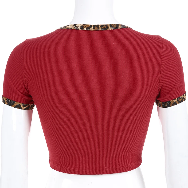 Sweetown/Новинка года; милая верхняя футболка в стиле пэчворк с леопардовым принтом; красные летние топы с круглым вырезом и короткими рукавами в винтажном стиле; Kawaii; уличная одежда