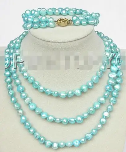 

Free Shipping >> set 49" 9mm baroque sky blue pearls necklace bracelet