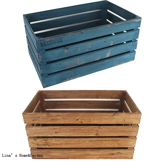 hand crafted rectangular solid wood slat vintage cratein Storage Boxes