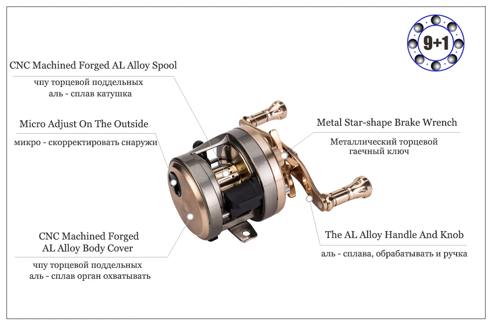 Рыболовные катушки baitcasing, углеродное волокно, металлическая катушка и подшипники, 9+ 1BB, вал из нержавеющей стали, высокая скорость 7,0: 1