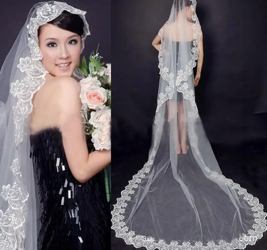 

Cheap Long 3 Meters Bridal Veil For Wedding 2019 Stock Tulle Lace Border White Ivory Stock Elegant Birdcage Cathedral Accessoire