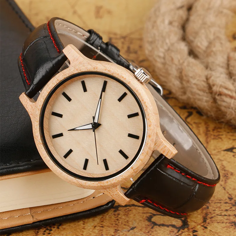 

Hot Fashion Natural Wood Watch Black Snitch Genuine Leather Quartz-watches Bamboo Original Wooden Clock Men Simple Reloj de made
