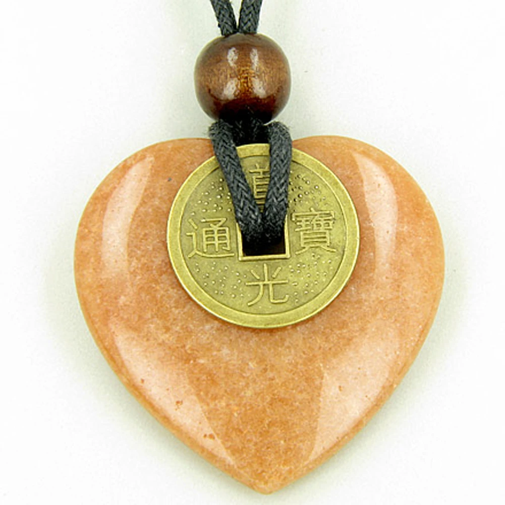 Heart Money Amulet Lucky Coin in Orange Quartz Stone Pendant Necklace (1)