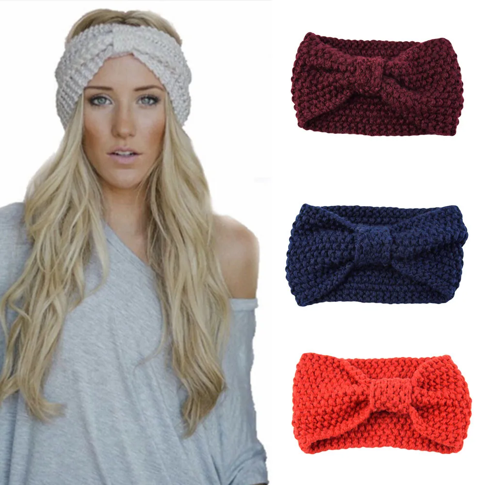 

2018 Women Hair Ball Knitting Headband Elastic Handmade Bow Design HairBand Fashion Solid Women Adult Polyester Headbands #25