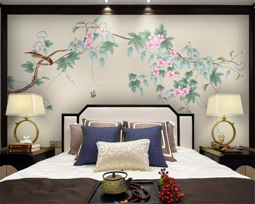 

beibehang 3d wallpaper Customized new Chinese plum blossom hand-painted flowers birds background decorative painting wall paper