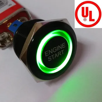

22mm 1NO1NC black momentary green ring illuminated pushbutton switch with ENGINE START laser symbol