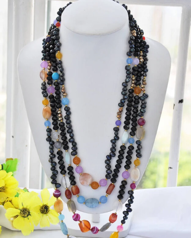 

00064 black faceted agate rice pearl multicolor jade stone necklace