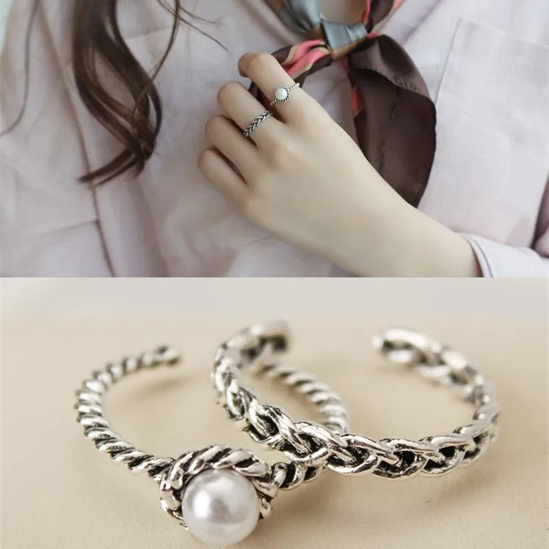 

2 pieces of retro vintage silver knitted twist inlaid pearl opening ring 8RD152