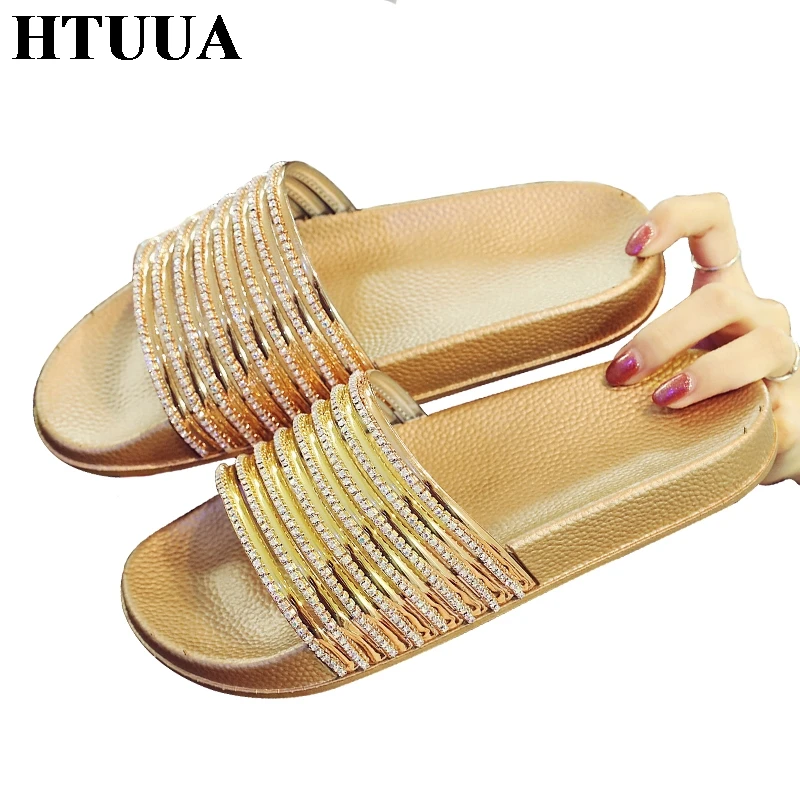 

HTUUA 2018 Fashion Rhinestones Bright Slippers Women Indoor House Home Slippers Beach Flip Flops Flat Shoes Summer Slides SX1080