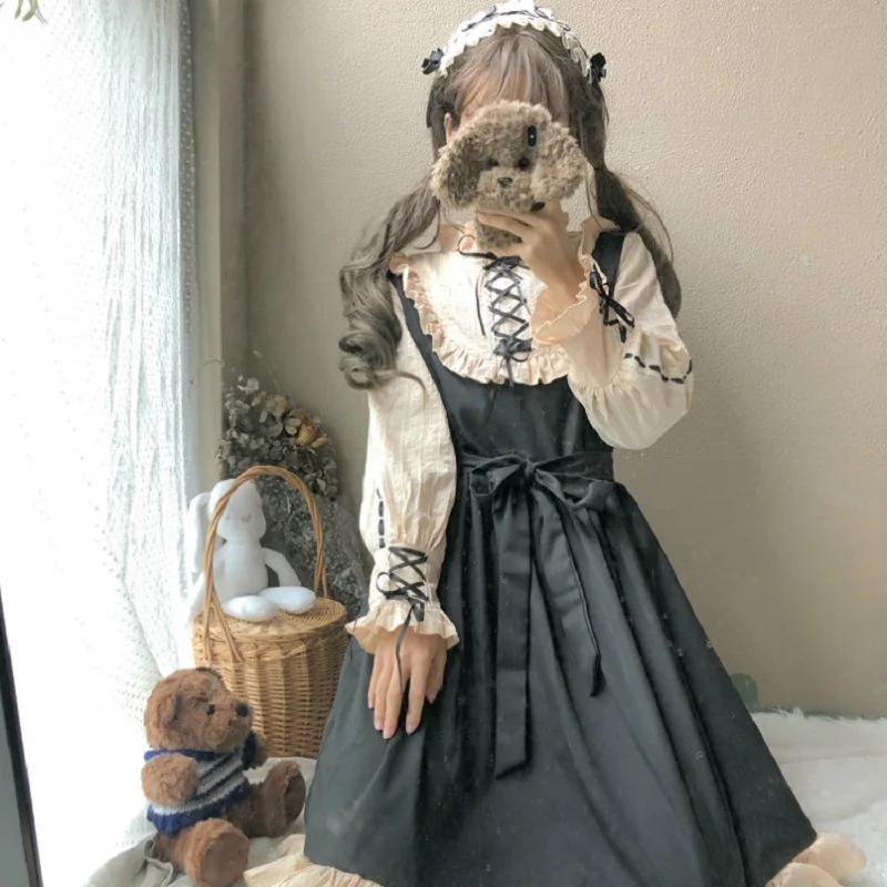 

2020 Japanese Harajuku Women Lolita Style Party Dress Gothic Bandage Bow Patchwork Cute Girl Cosplay Dress Kawaii Ruffles Dress
