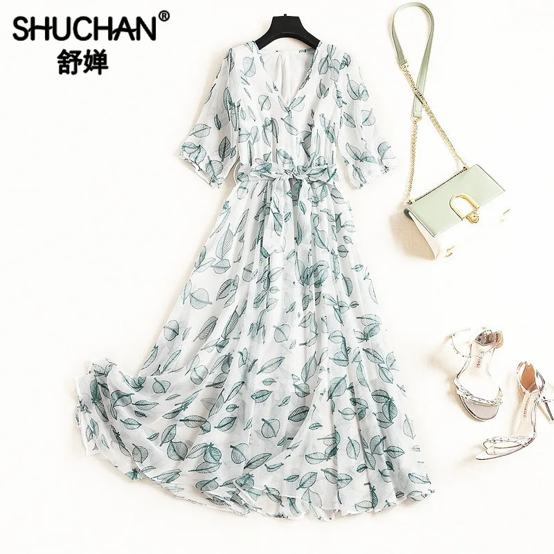 

Shuchan Print Leaf Bohemian Chiffon New 2019 Fashion Summer Dresses Women Short Sleeve V-Neck Sashes A-Line Dresses 11549