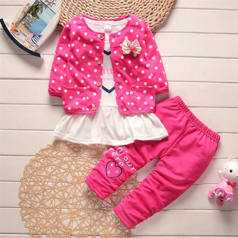 2 цвета, милая детская одежда для маленьких девочек пальто-кардиган в горошек с бантом+ футболка+ длинные штаны 1 комплект, Прямая поставка, ST28 - Цвет: Hot Pink