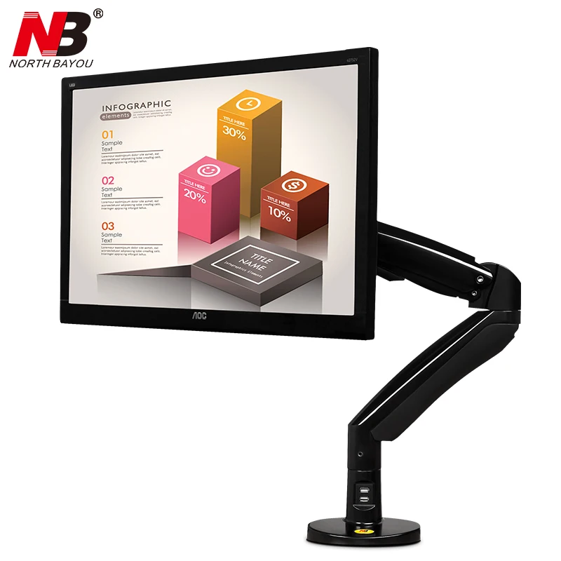

360 Degree Rotate Aluminum Gas Spring Arm 22"-35" Screen Monitor Holder Tilt Swivel Desktop Monitor Mount Arm with Two USB Ports