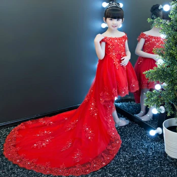 

Retail 2019 New Girl Party Dress Sequins Rhinestone Princess Trailing Dress Red Wedding Birthday Dress Children Clothing 1-13T