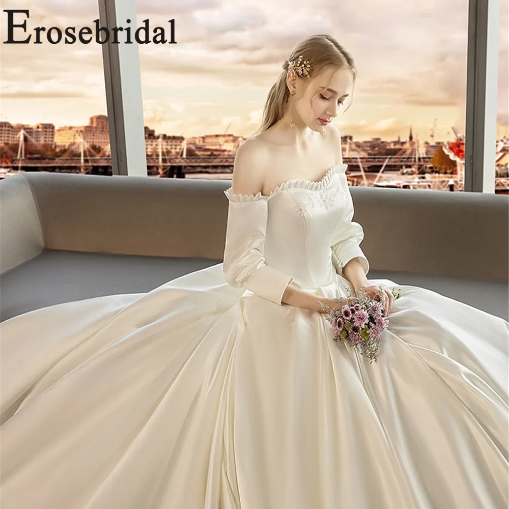 Erosebridal Новое поступление винтажное свадебное платье длинное 2019 вырез лодочкой воротник свадебное платье атласное женское платье невесты