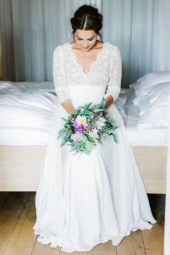 JIERUIZE белые шифоновые свадебные платья в стиле бохо с глубоким v-образным вырезом 3/4 рукава с открытой спиной пляжные свадебные платья невесты robe de mariage