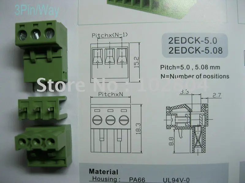 

L Type Green 3way/pin 5.08mm Screw Terminal Block Connector 10 pcs per Lot