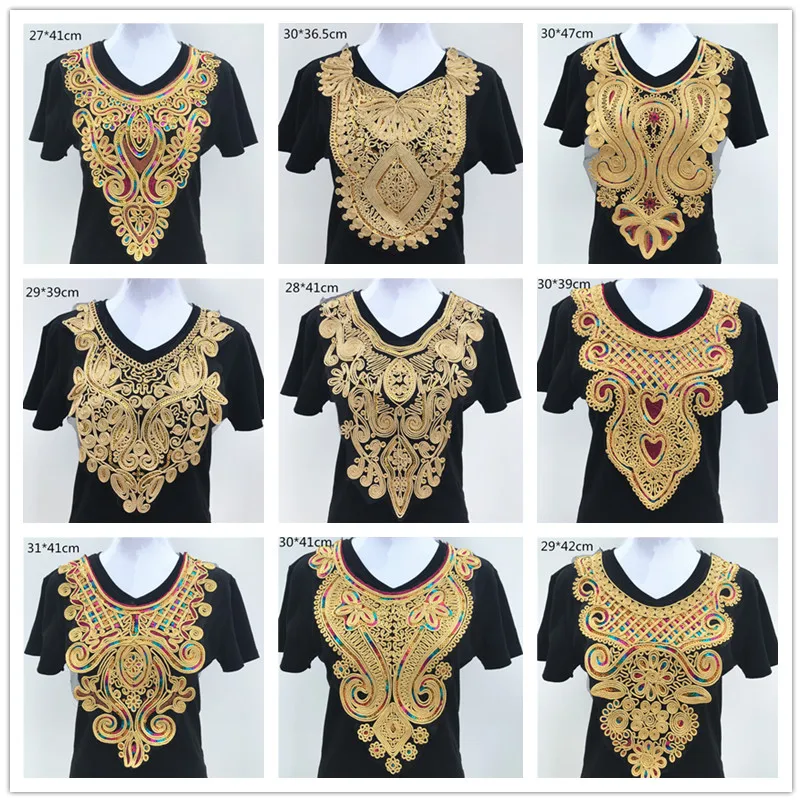 

1pc Gold Embroidery Ethnic Style Collar Venise Sequin Floral Embroidered Applique Lace Neckline Collar Garment Accessories