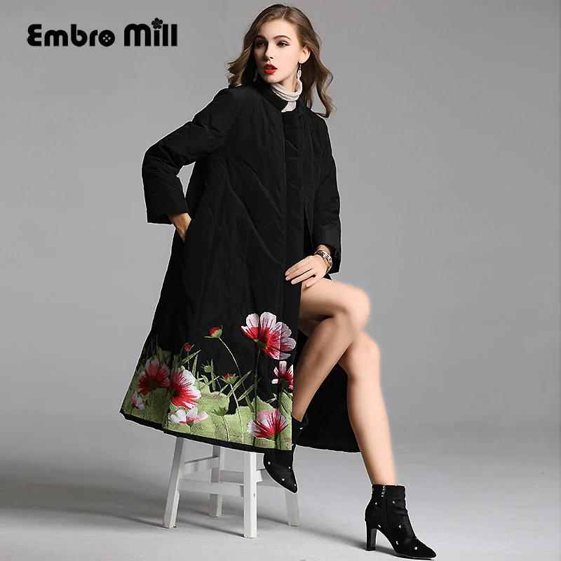 

Royal embroidery flowers Down Jacket coat women winter flowers vintage lady floral loose White duck Down Parkas female L-XXXL