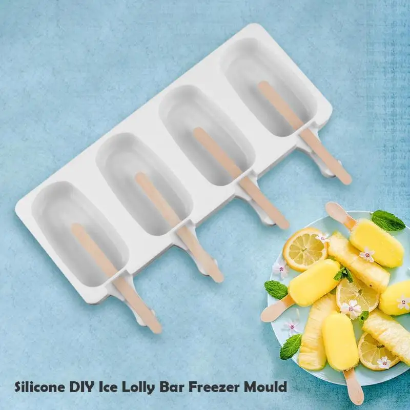 

4-grids Ice Cream Mold Makers Silicone DIY Ice Lolly Bar DIY Molds Ice Cube Moulds Dessert Molds Tray With Popsicle
