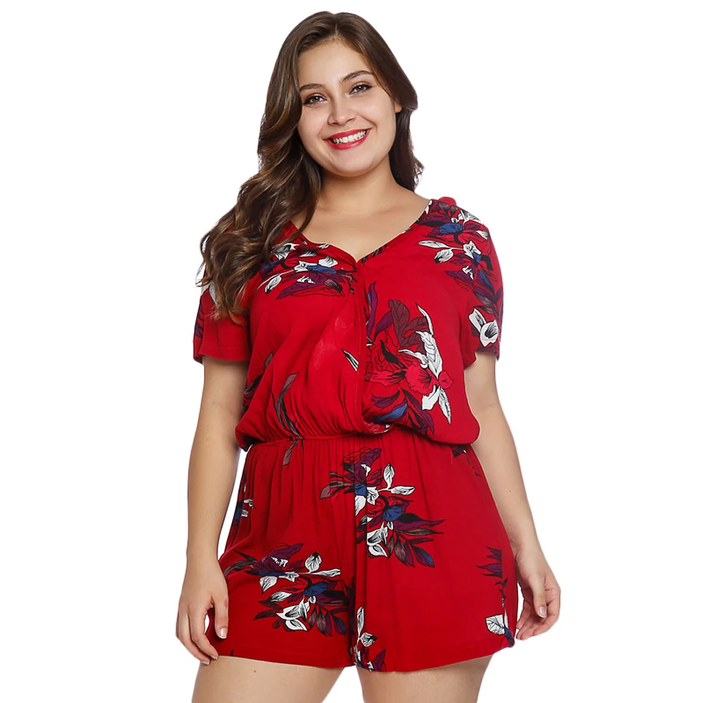 

Joineles Plus Size Floral Print Romper Short Sleeves V-Neck Playsuits Casual Summer Beach Bodysuits For Women Jumpsuits Overalls
