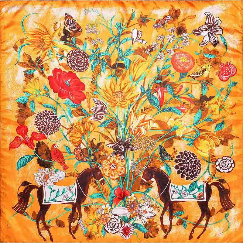 Дизайн 4 цвета саржевый Шелковый квадратный шарф женский модный животный узор шарф с рисунком лошади шаль 130x130 см квадратный шарф Шелковый подарок - Цвет: 3
