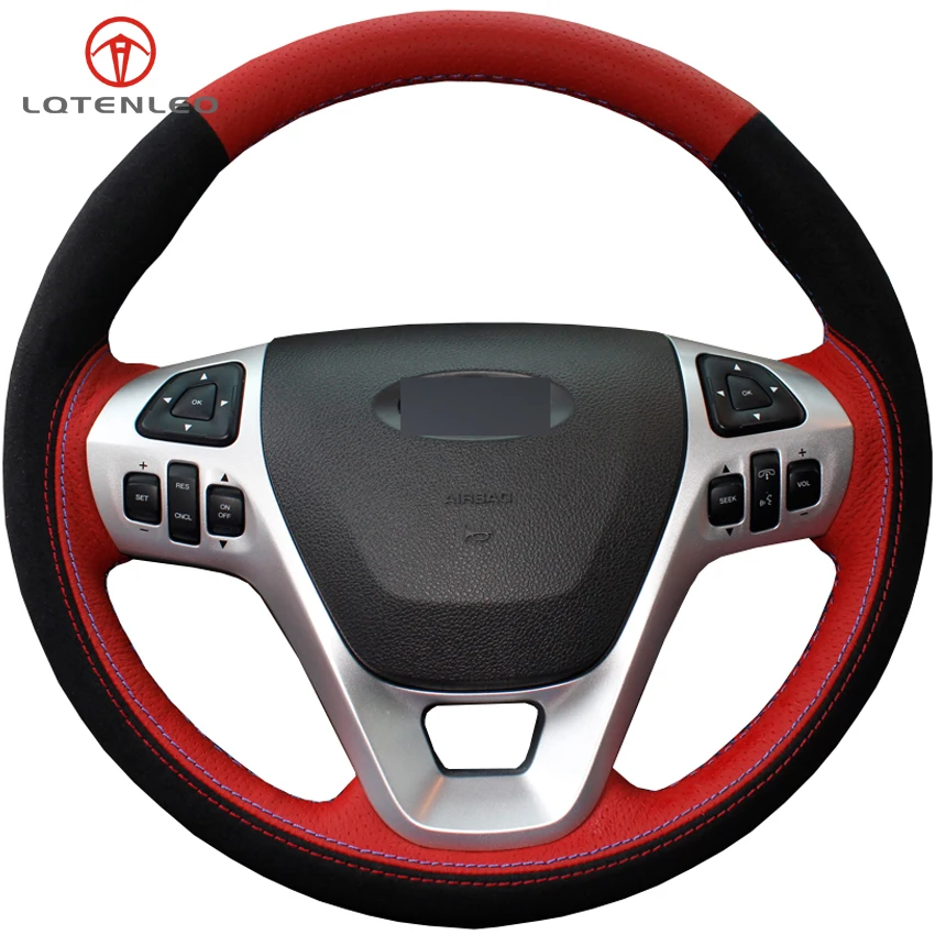 

LQTENLEO Red Leather Black Suede DIY Car Steering Wheel Cover For Ford Explorer 2011-2019 Taurus Flex 2012-2019 Edge 2011-2014