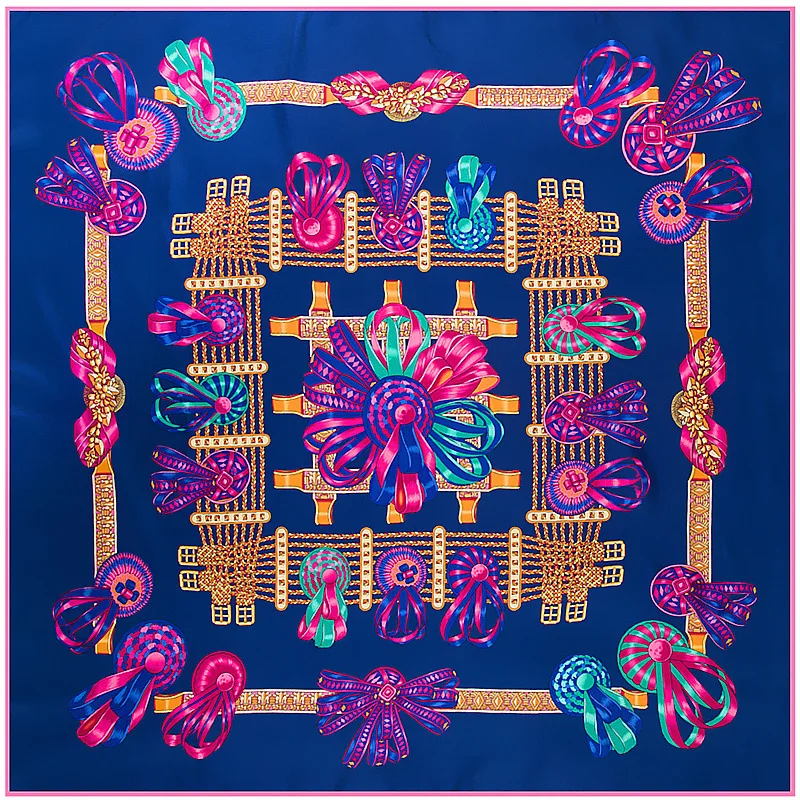 

100% Twill Silk Women Scarf 130*130 Luxury Brand Wreath Print NecKerchief Square Scarves Foulard Hijab Bandana Gift Silk Shawl