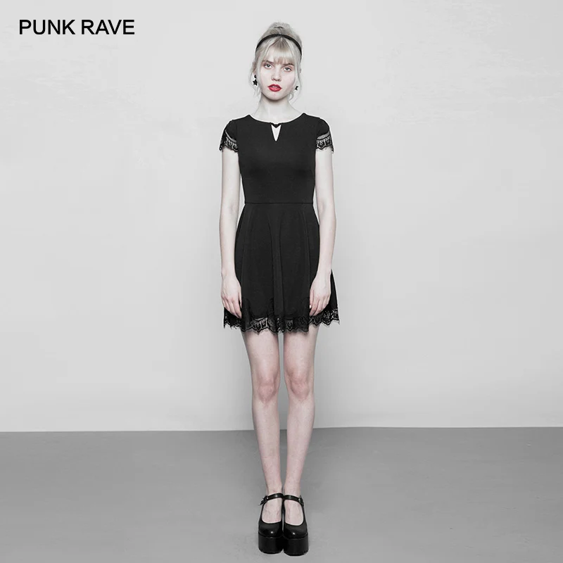 

PUNK RAVE New Gothic Women's Black Short Sleeve V-keyhole Neckline A-line Mini Dress Lace Stitching Women Sexy Party Short Dress