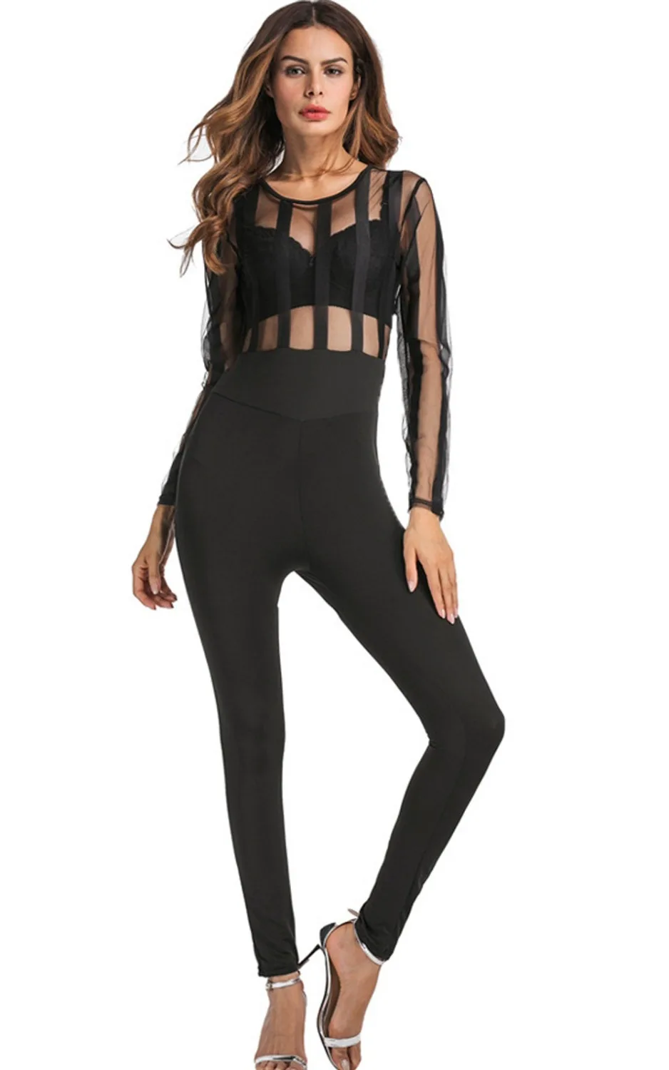Free Shipping Sexy Long Sleeve Bodycon Jumpsuit Women'S O Neckless