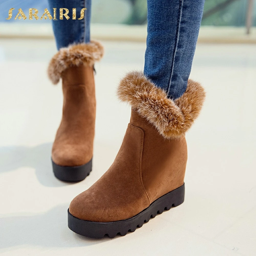 

SARAIRIS 2018 Large Size 34-43 Real Fur women's Shoes Woman Boots Height Increasing Warm Plush Winter Snow Boots Female