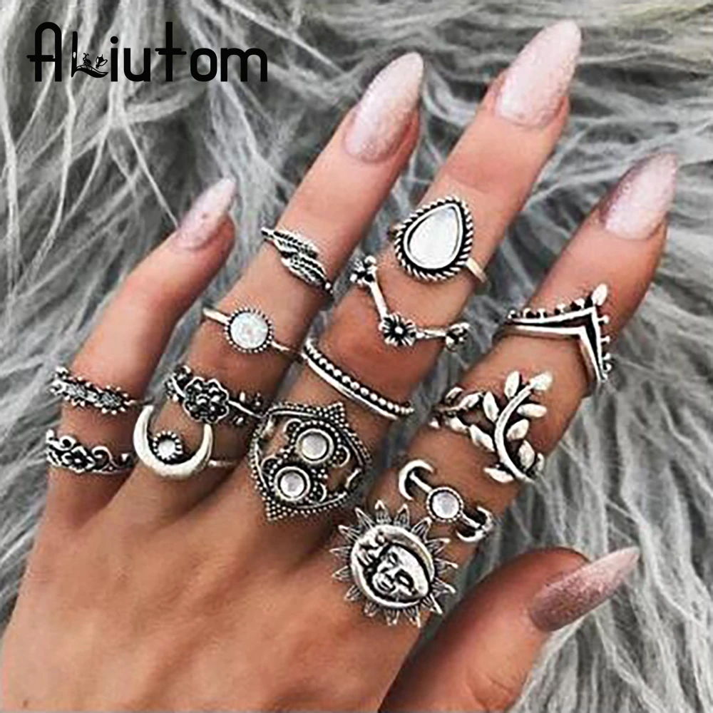 14PCS/Set Boho Vintage Flower Leaf Sun Moon Knuckle Midi