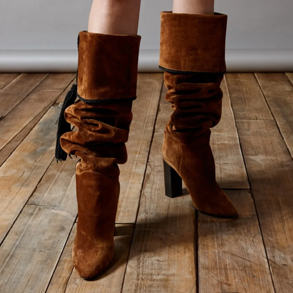 Longues En Gland Slouch Bottes Haute Pointu Hiver Hauts Femmes Brun Bout Slip Chunky Cuir Brown Suédé Fold Sur Butin Talons Bloc Talon Genou À 80ONvmnw