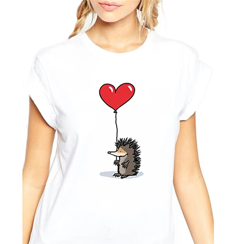 

New 2019 T Shirt Women Cute Cartoon Balloon Love Heart Hedgehog Animal Casual t shirt o-neck wihte top tee
