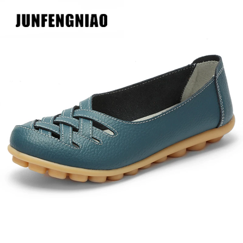 

JUNFENGNIAO Women Female Shoes Flats Girl Sandals Rubber Pigskin Spring Round Toe Split Cow Leather Slip On Superstar AHE-1199