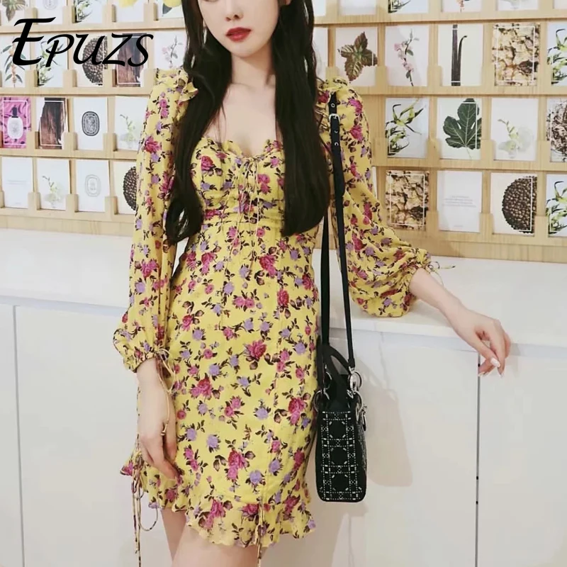 

Boho floral lace up mini dress women summer beach dress vintage Sexy yellow chiffon party dress casual korean bandage vestidos