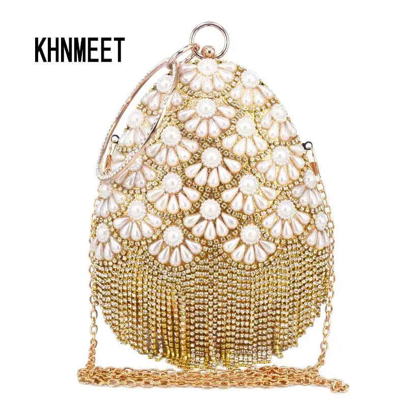 

Shell Shape Golden Crystal Party Clutch Bag Beaded Pearl Women Bag Wristlets Evening Bag Female Purse Handbags YX1199-7