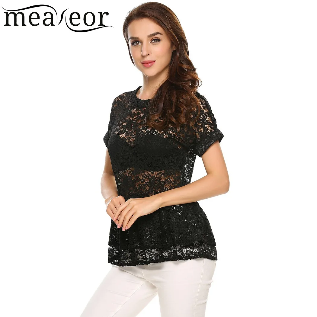 Meaneor Floral Lace Hollow Out Ruffle T-Shirt See-through Elastic Band Double Layers Pleated Women T-shirts Elegant Sexy T-shirt Meaneor Floral Lace Hollow Out Ruffle T-Shirt See-through Elastic Band Double Layers Pleated Women T-shirts Elegant Sexy T-shirt