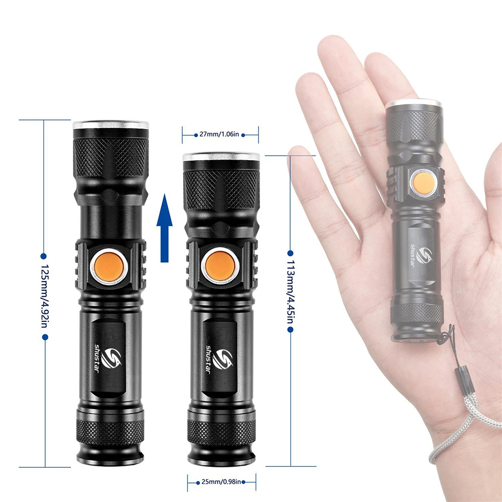 USB Inside Battery T6 Powerful 2000LM Led Flashlight Portable Light Rechargeable Tactical LED Torches Zoom Flashlight