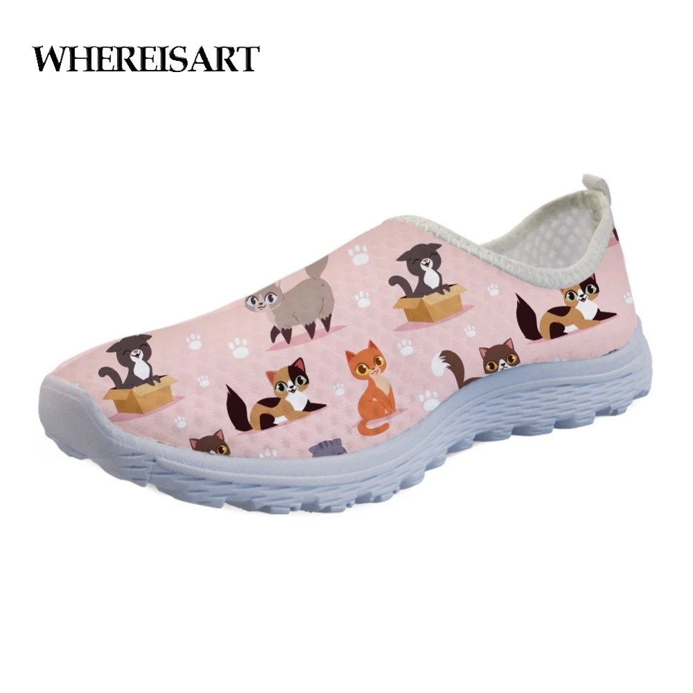 

WHEREISART Casual Women Flats Shoes 3D Cartoon Cat Dog Animal Pattern Summer Breathable Mesh Light Weight Shoes For Teen Girls