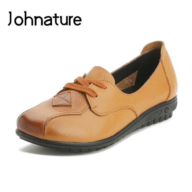 

Johnature 2019 New Spring/autumn Handmade Genuine Leather Comfortable Round Toe Lace-up Shallow Soft Sole Womens Flat Shoes