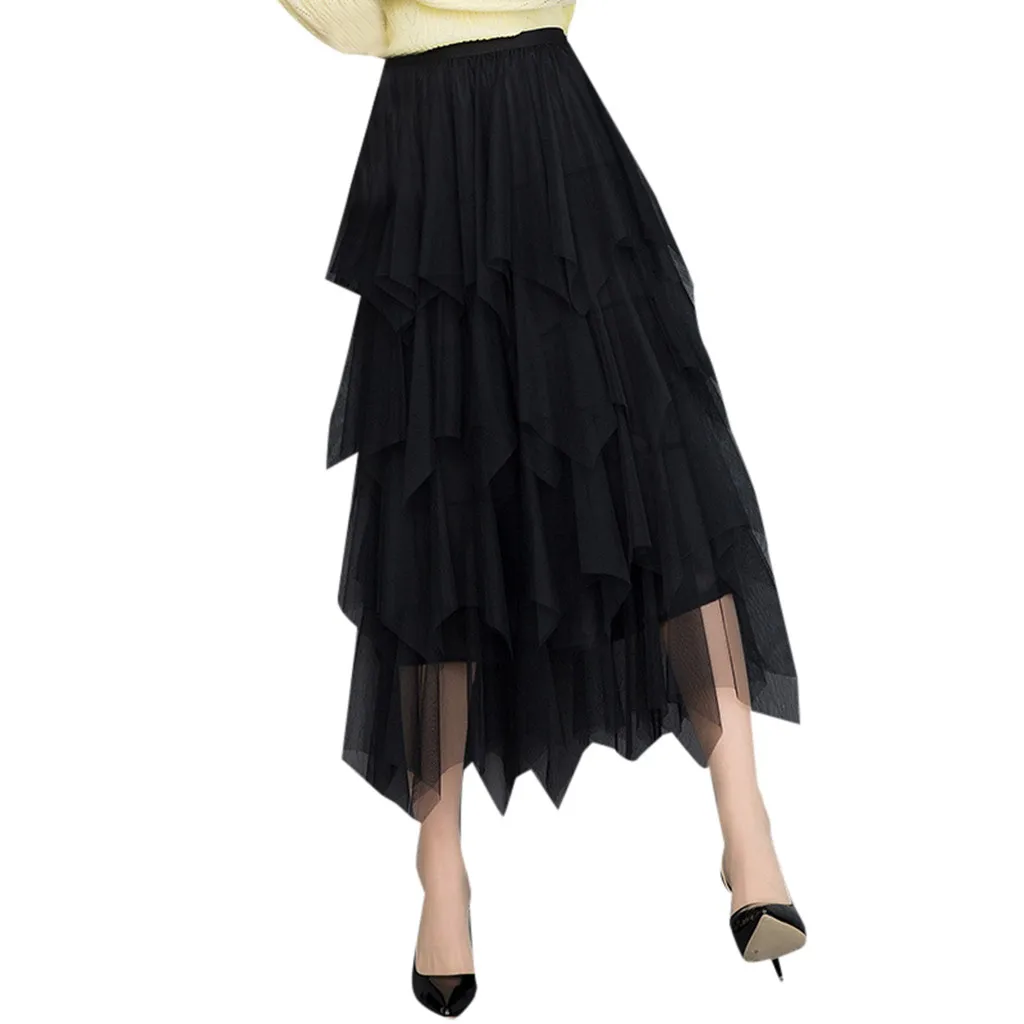 Мода, весенние вечерние юбки, эластичная длинная фатиновая юбка с высокой талией, Женская юбка-пачка с неровным подолом, e2