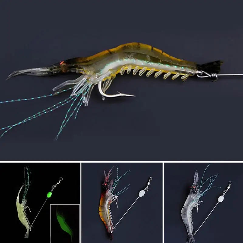 PVC Artificial Fishing Lure Bionic Shrimp Soft Bait Fishing Tackle with Hook Noctilucent Luminous Night Glow Bead