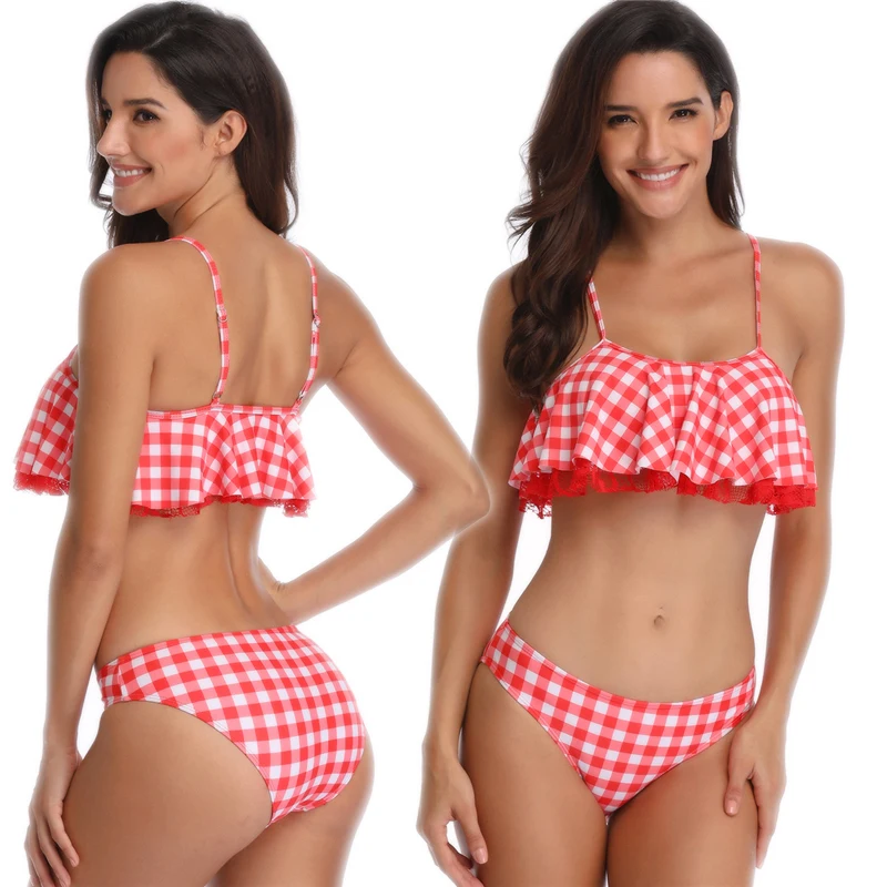 

Fashion Hot New Plaid Folds with Lace Red Ruffled Straps Beach Wear Split Two Piece Flashing High Waist Bikini Swim for Women