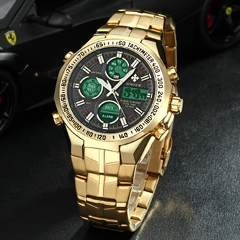 

WWOOR Top Brand Luxury Watch Men Fashion Large Dial Sport Watches Men Luminous Clock LED Dual Display Quartz Wristwatch Gold