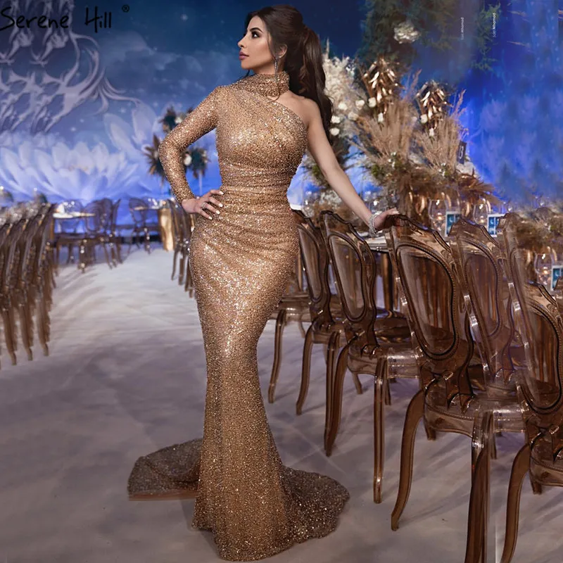 

Dubai Luxury One Shoulder Gold Prom Dresses Design 2019 Mermaid Sexy Sparkle Prom Gowns Serene Hill BLA60966